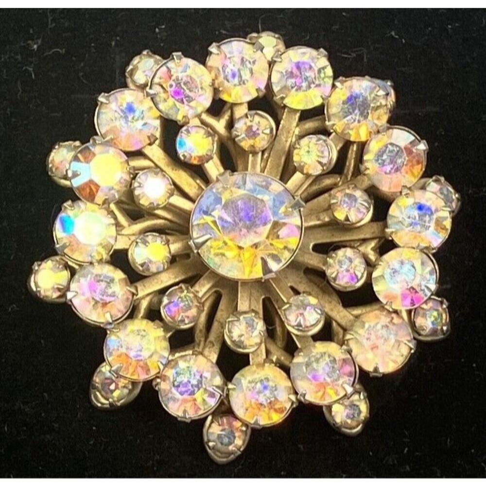 Vintage Aurora Borealis Starburst Brooch Goldtone Prong Set Rhinestones